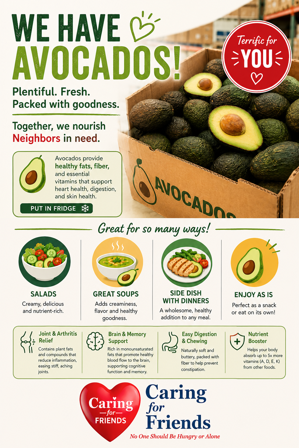 Avocados ingredient flyer from Caring for Friends