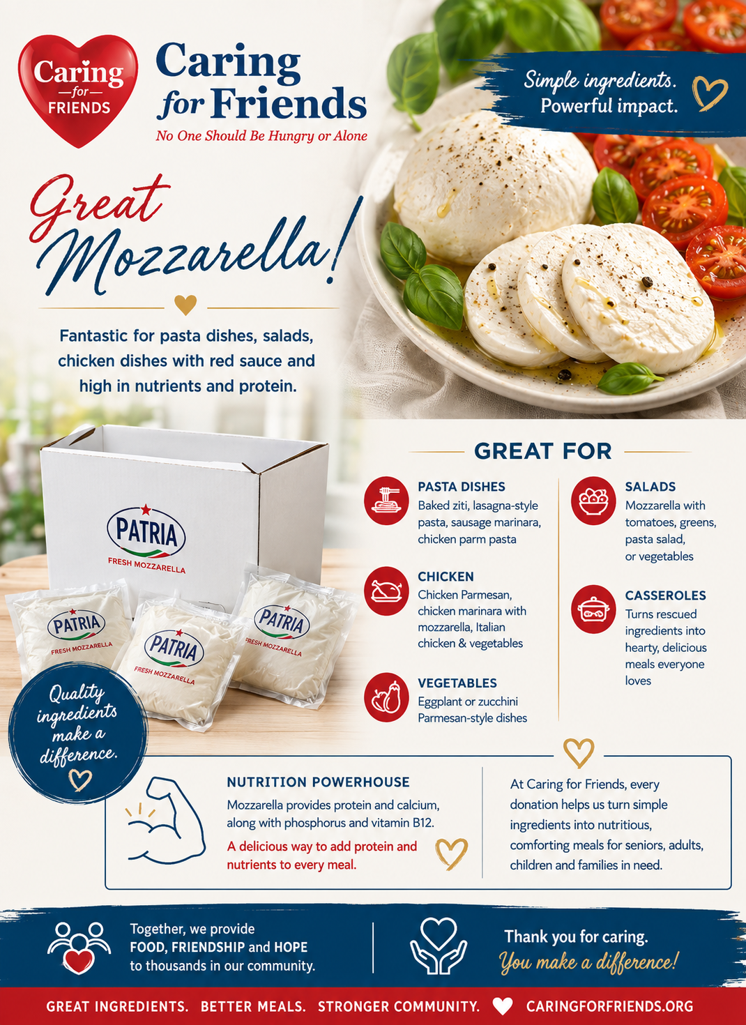 Mozzarella ingredient flyer from Caring for Friends